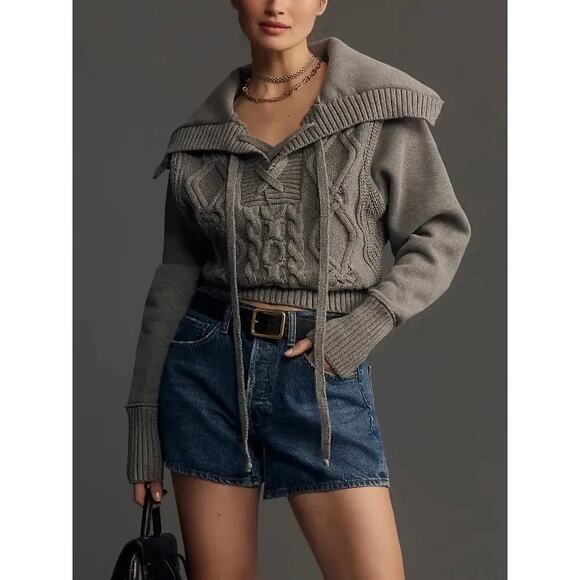 Anthropologie Sweaters - ANTHROPOLOGIE PILCRO Cable Laced Twofer Sweater Womens Small Gray Long Sleeve